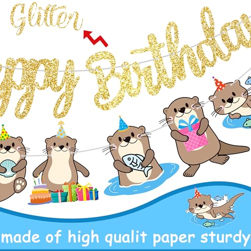 iPartyFun Gold Otter Birthday Banner Set – 3-Piece Ocean Theme Party Decorations with Glittery Happy Birthday Sign and Otter Cutouts for Kids