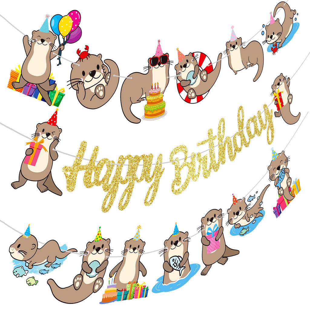 iPartyFun Gold Otter Birthday Banner Set – 3-Piece Ocean Theme Party Decorations with Glittery Happy Birthday Sign and Otter Cutouts for Kids