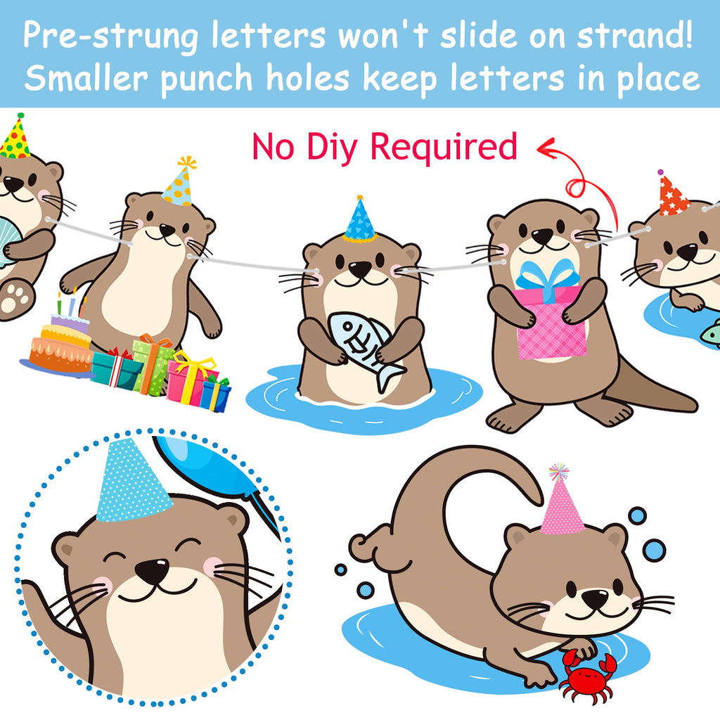 iPartyFun Gold Otter Birthday Banner Set – 3-Piece Ocean Theme Party Decorations with Glittery Happy Birthday Sign and Otter Cutouts for Kids