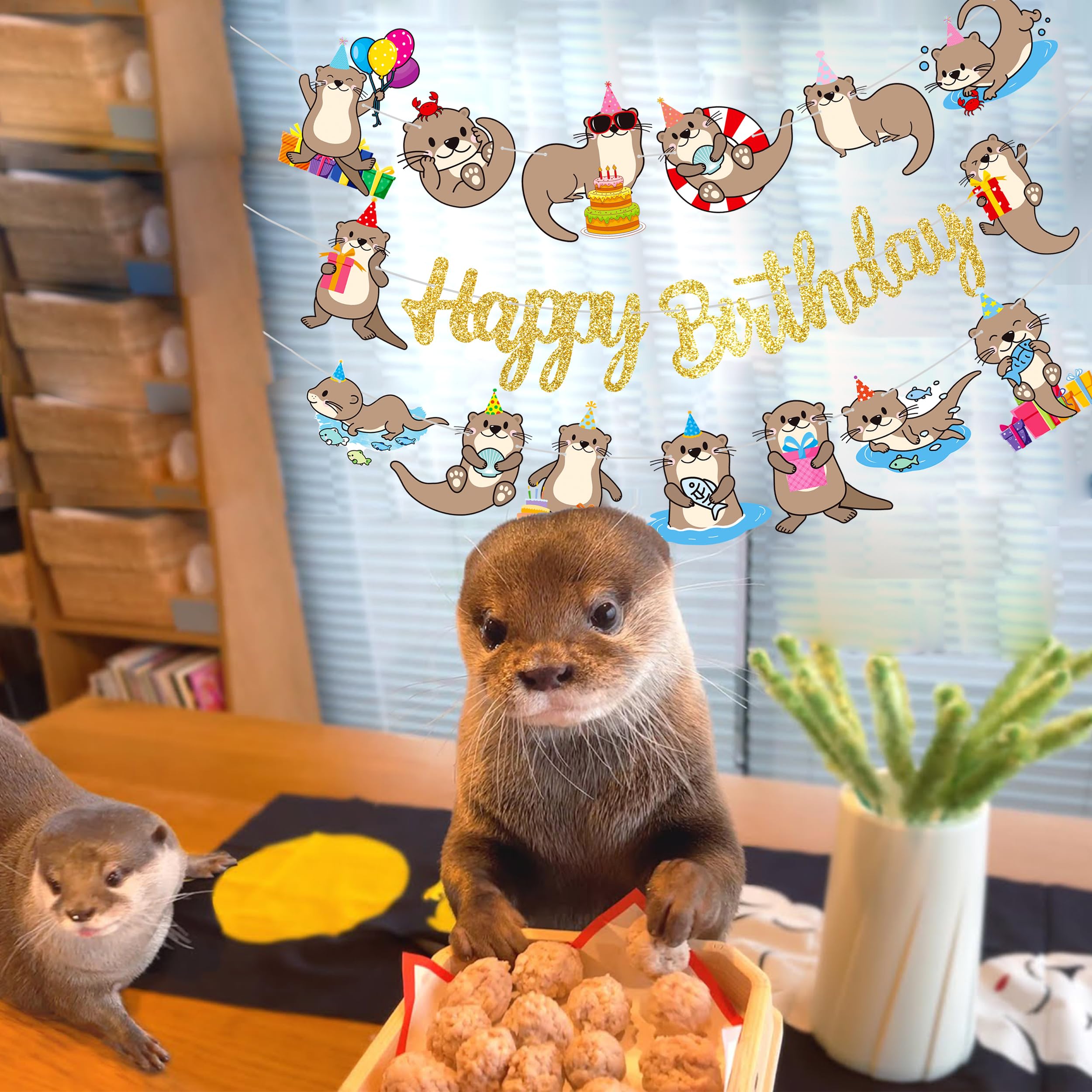 iPartyFun Gold Otter Birthday Banner Set – 3-Piece Ocean Theme Party Decorations with Glittery Happy Birthday Sign and Otter Cutouts for Kids