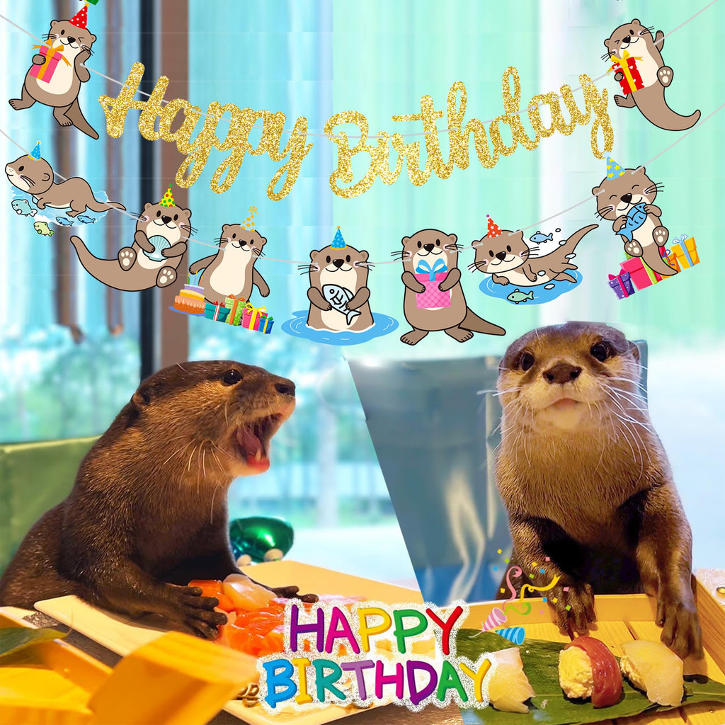 iPartyFun Gold Otter Birthday Banner Set – 3-Piece Ocean Theme Party Decorations with Glittery Happy Birthday Sign and Otter Cutouts for Kids