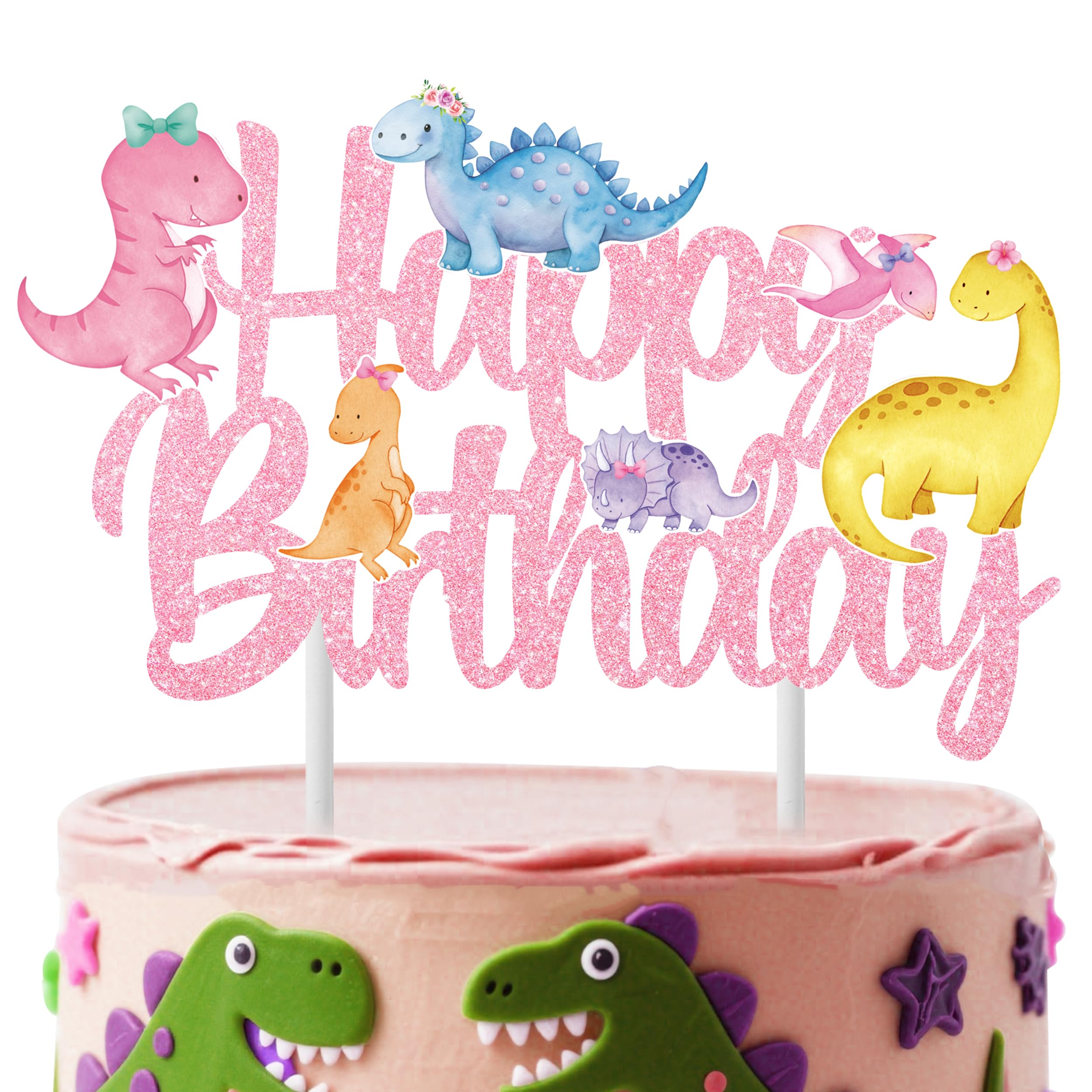iPartyFun Handmade Dinosaur Cake Topper – Glitter Pastel Dino Decoration for Girls’ Birthday Parties & Baby Showers (8 x 6 Inches)