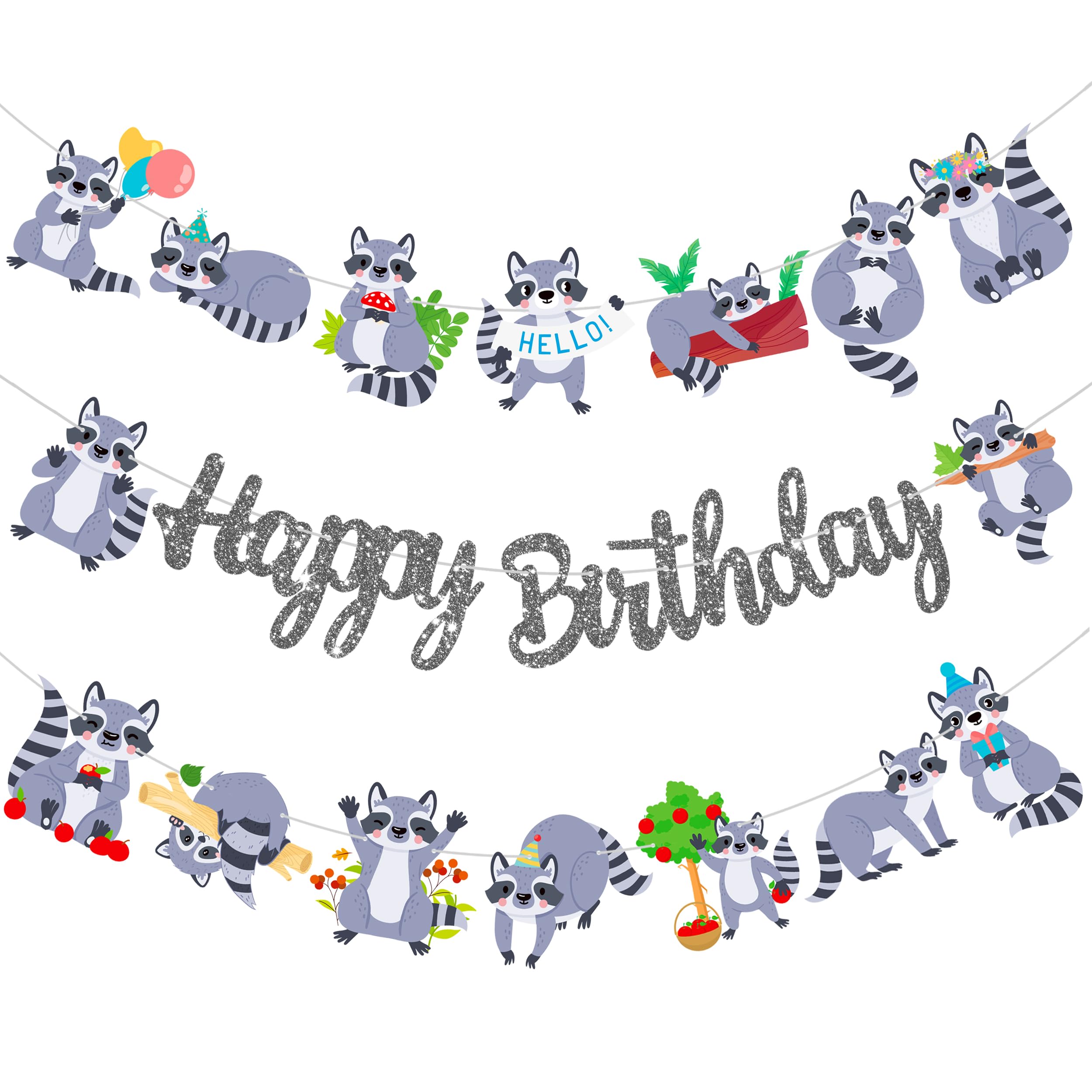 iPartyFun Raccoon Happy Birthday Banner Set – 3 Woodland Party Cutout Decorations for Animal Themed Celebrations
