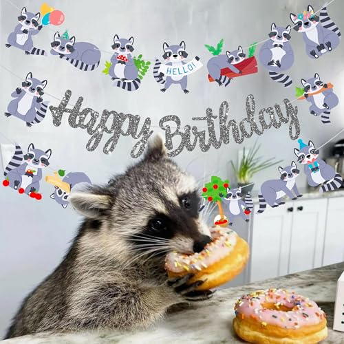 iPartyFun Raccoon Happy Birthday Banner Set – 3 Woodland Party Cutout Decorations for Animal Themed Celebrations