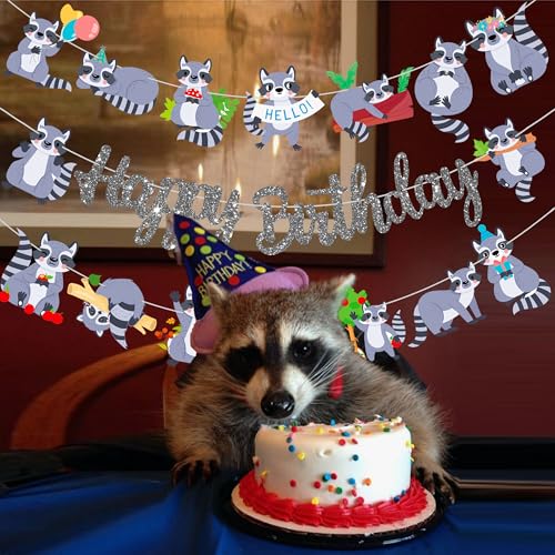 iPartyFun Raccoon Happy Birthday Banner Set – 3 Woodland Party Cutout Decorations for Animal Themed Celebrations