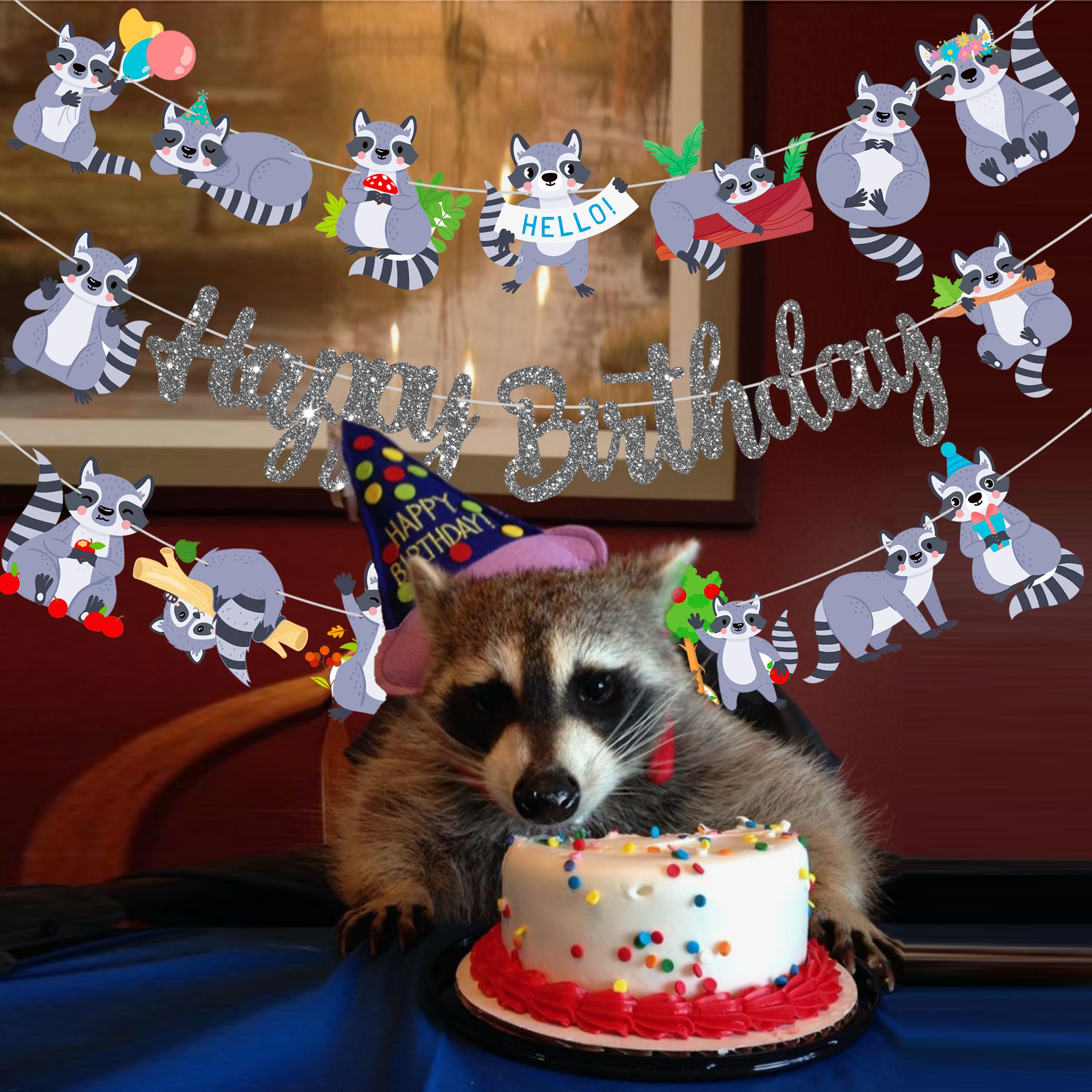 iPartyFun Raccoon Happy Birthday Banner Set – 3 Woodland Party Cutout Decorations for Animal Themed Celebrations