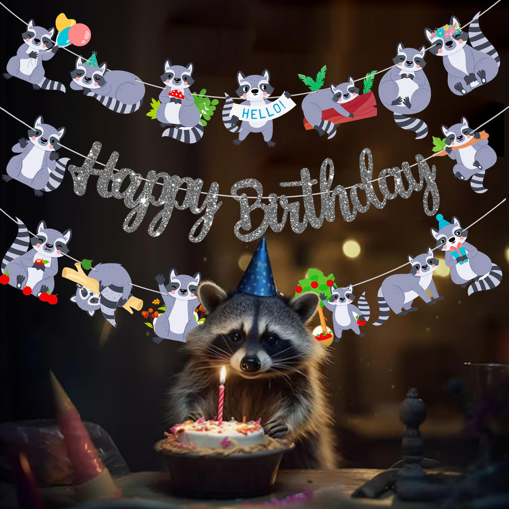 iPartyFun Raccoon Happy Birthday Banner Set – 3 Woodland Party Cutout Decorations for Animal Themed Celebrations