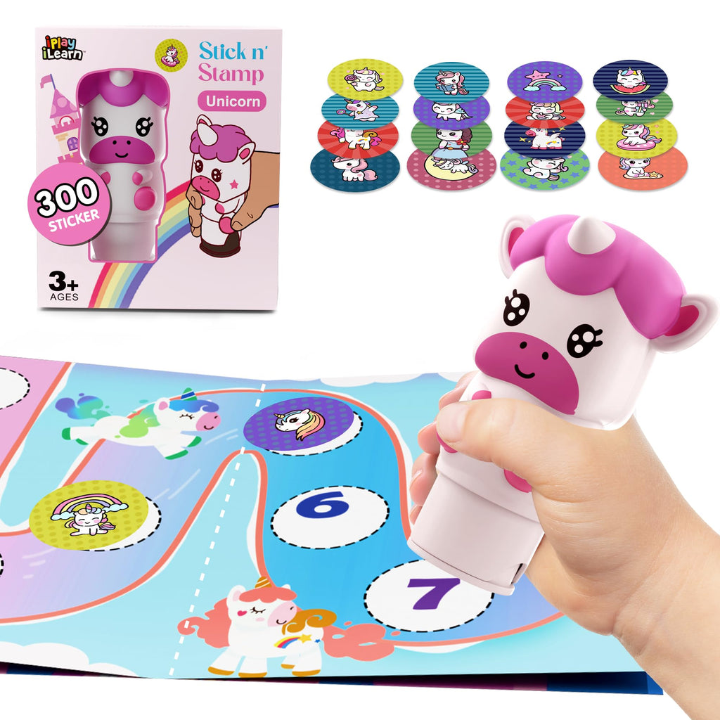 iPlay iLearn Unicorn Sticker Stamp Set – 400+ Stickers, 18-Page Activity Book, Mess-Free Travel Toy for Ages 3-6