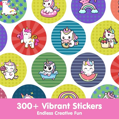 iPlay iLearn Unicorn Sticker Stamp Set – 400+ Stickers, 18-Page Activity Book, Mess-Free Travel Toy for Ages 3-6