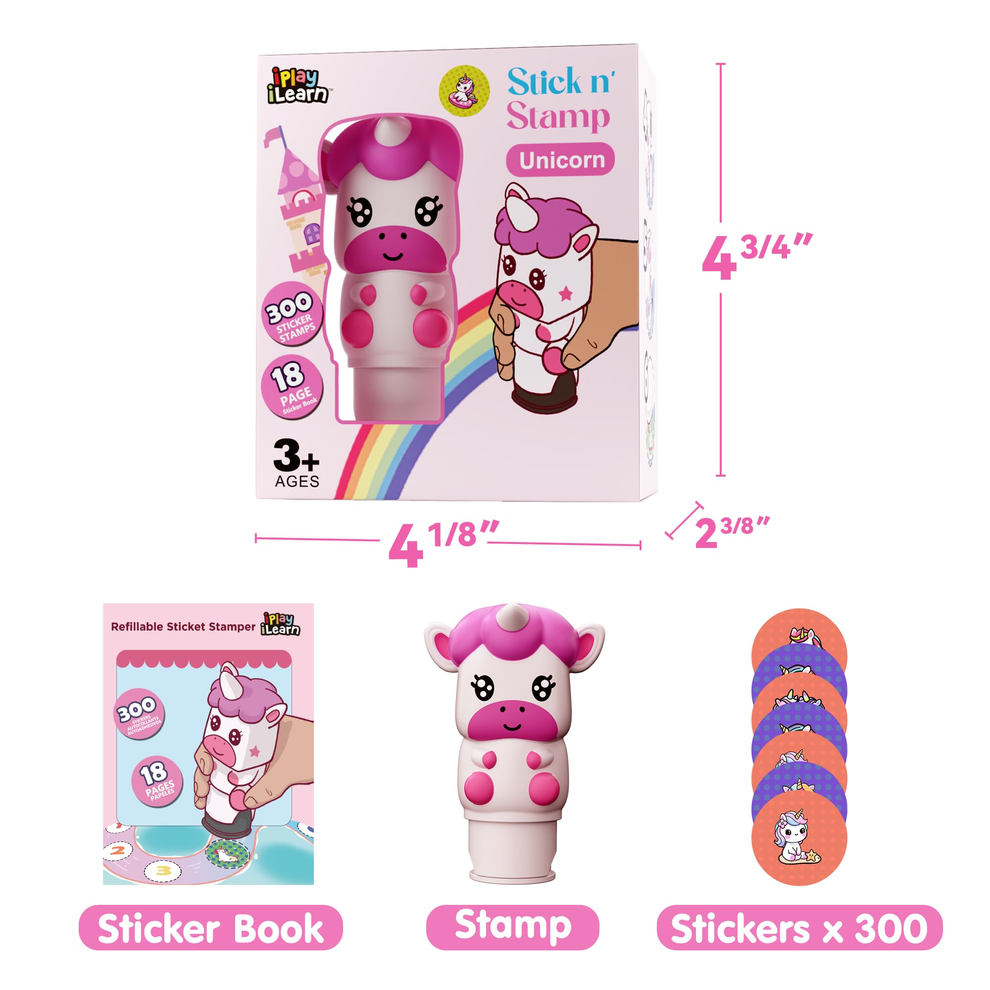 iPlay iLearn Unicorn Sticker Stamp Set – 400+ Stickers, 18-Page Activity Book, Mess-Free Travel Toy for Ages 3-6