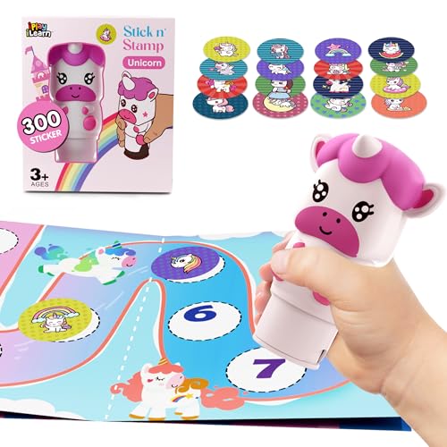 iPlay iLearn Unicorn Sticker Stamp Set – 400+ Stickers, 18-Page Activity Book, Mess-Free Travel Toy for Ages 3-6