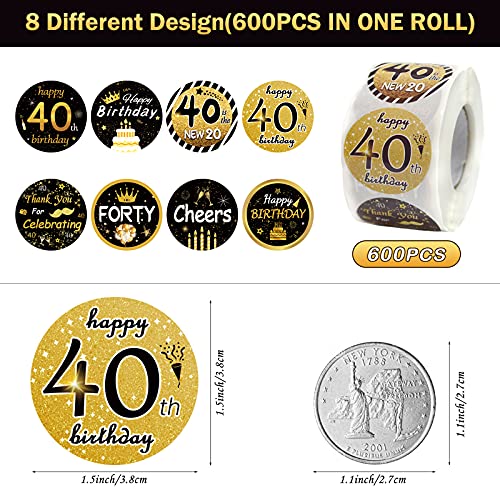 IPonfees 600-Pack Happy 40th Birthday Stickers Roll, Black and Gold 1.5-Inch Round Labels, 8 Unique Designs