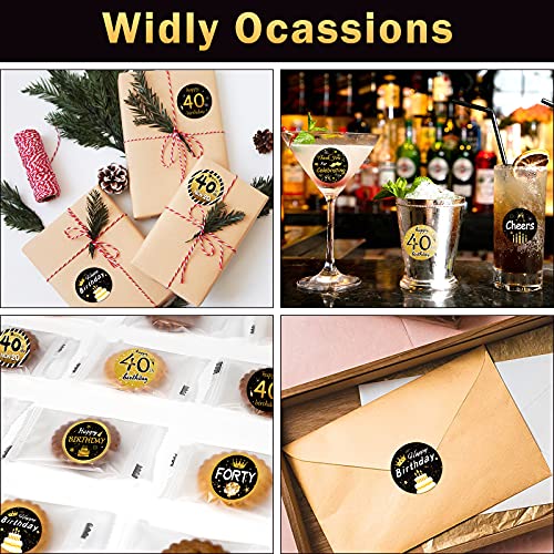 IPonfees 600-Pack Happy 40th Birthday Stickers Roll, Black and Gold 1.5-Inch Round Labels, 8 Unique Designs