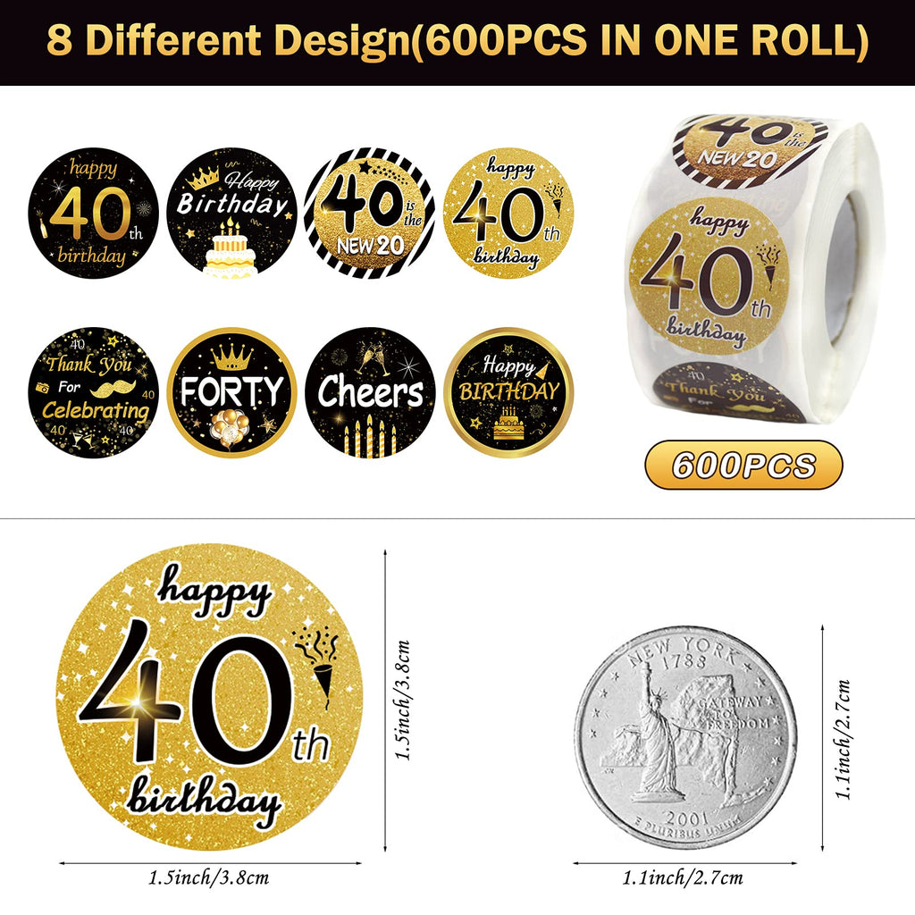 IPonfees 600-Pack Happy 40th Birthday Stickers Roll, Black and Gold 1.5-Inch Round Labels, 8 Unique Designs