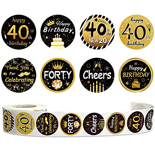 IPonfees 600-Pack Happy 40th Birthday Stickers Roll, Black and Gold 1.5-Inch Round Labels, 8 Unique Designs