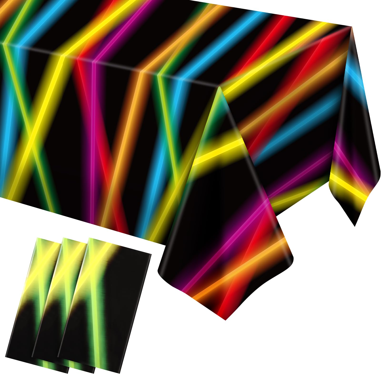 Irenare 3-Pack 80s Neon Plastic Tablecloths for Black Light Parties, 54x108 Inch Rectangular Table Covers