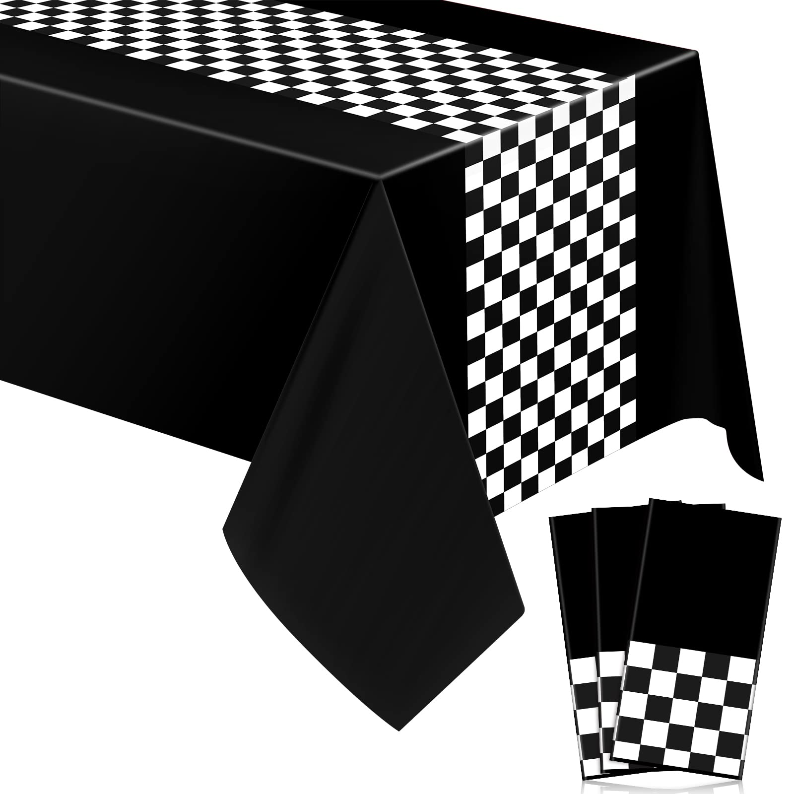 Irenare 3-Pack Car Racing Party Tablecloths - 54x108 Inch Racetrack Design for Kids Birthday Decorations (Black)