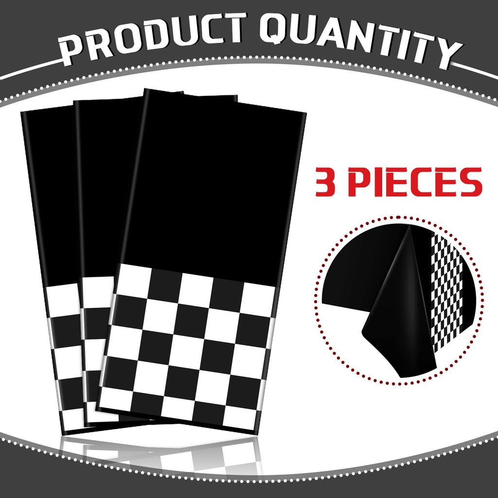 Irenare 3-Pack Car Racing Party Tablecloths - 54x108 Inch Racetrack Design for Kids Birthday Decorations (Black)