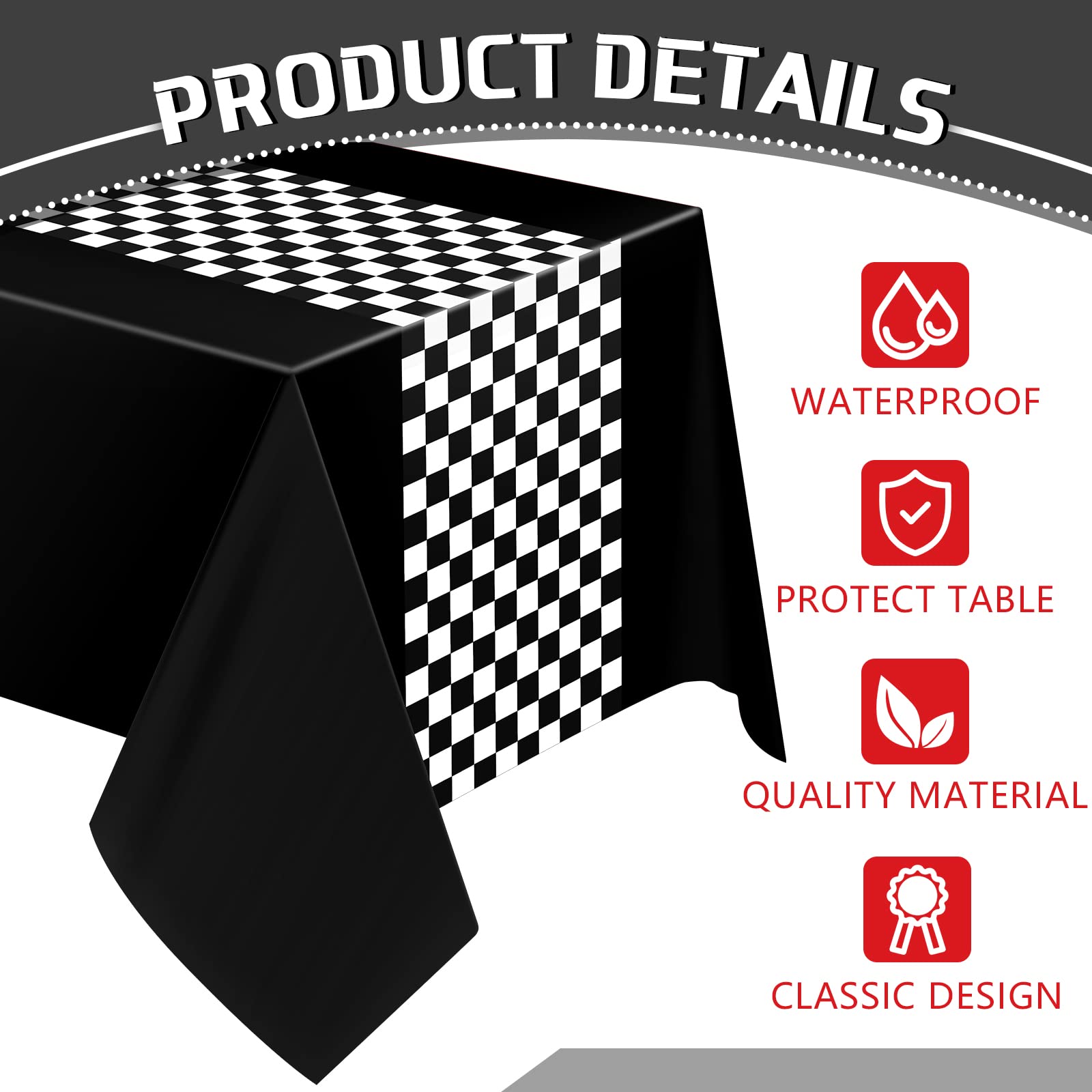 Irenare 3-Pack Car Racing Party Tablecloths - 54x108 Inch Racetrack Design for Kids Birthday Decorations (Black)