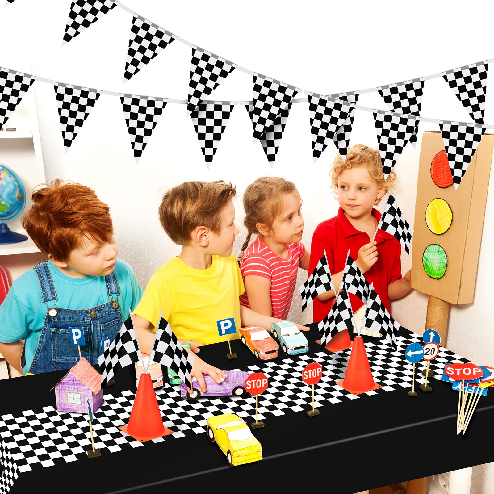 Irenare 3-Pack Car Racing Party Tablecloths - 54x108 Inch Racetrack Design for Kids Birthday Decorations (Black)