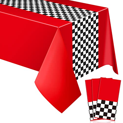 Irenare 3 Pack Racing Car Party Tablecloths – 54x108 Inch Red PE Racetrack Tablecovers for Boys Birthday Decorations