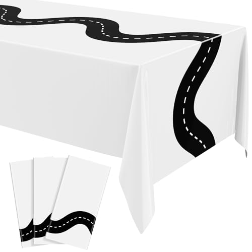 Irenare 3-Pack Racing Tablecloths 54x108 Inch Disposable Car Theme Party Decor (White)