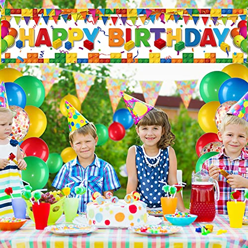 Irenare Building Block Birthday Banner Kit – 70x15 Inch Fabric Backdrop with 38 Colorful Balloons, Brick Theme Party Decor