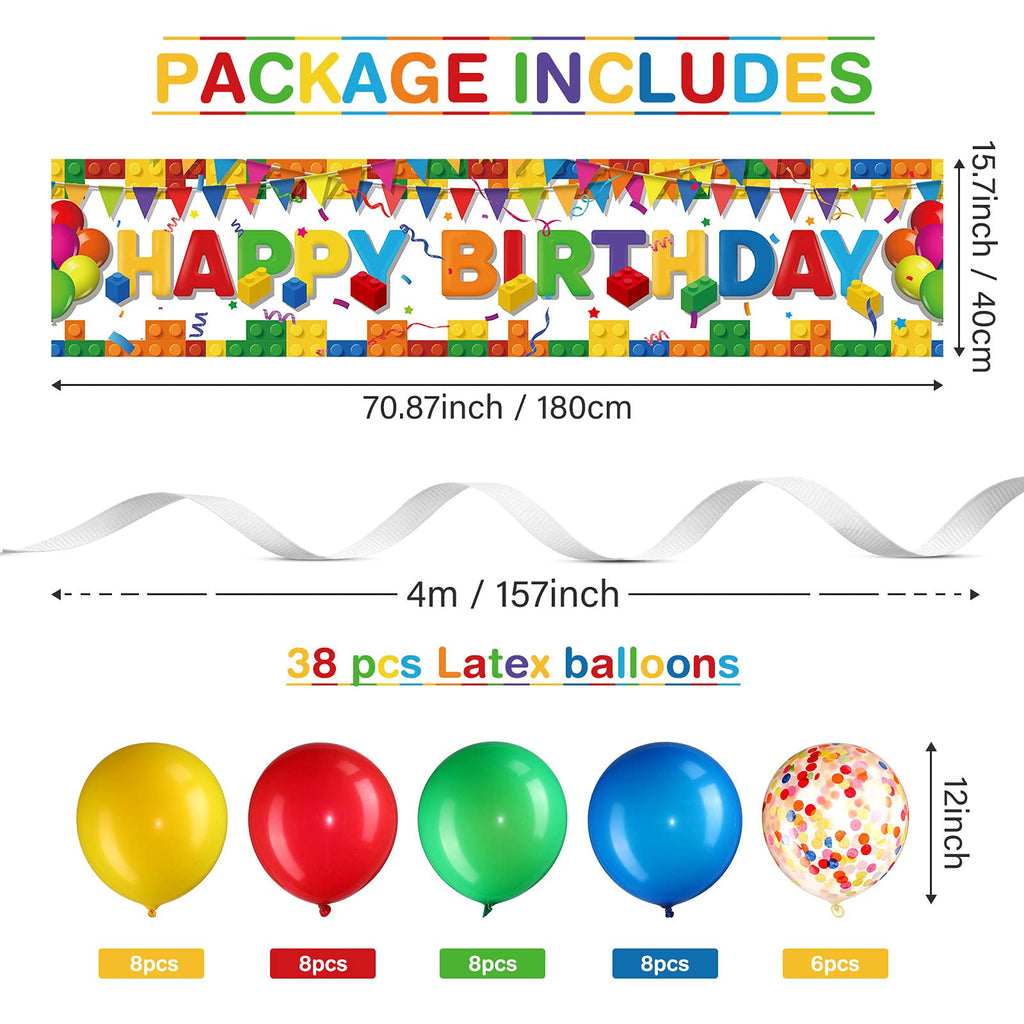 Irenare Building Block Birthday Banner Kit – 70x15 Inch Fabric Backdrop with 38 Colorful Balloons, Brick Theme Party Decor