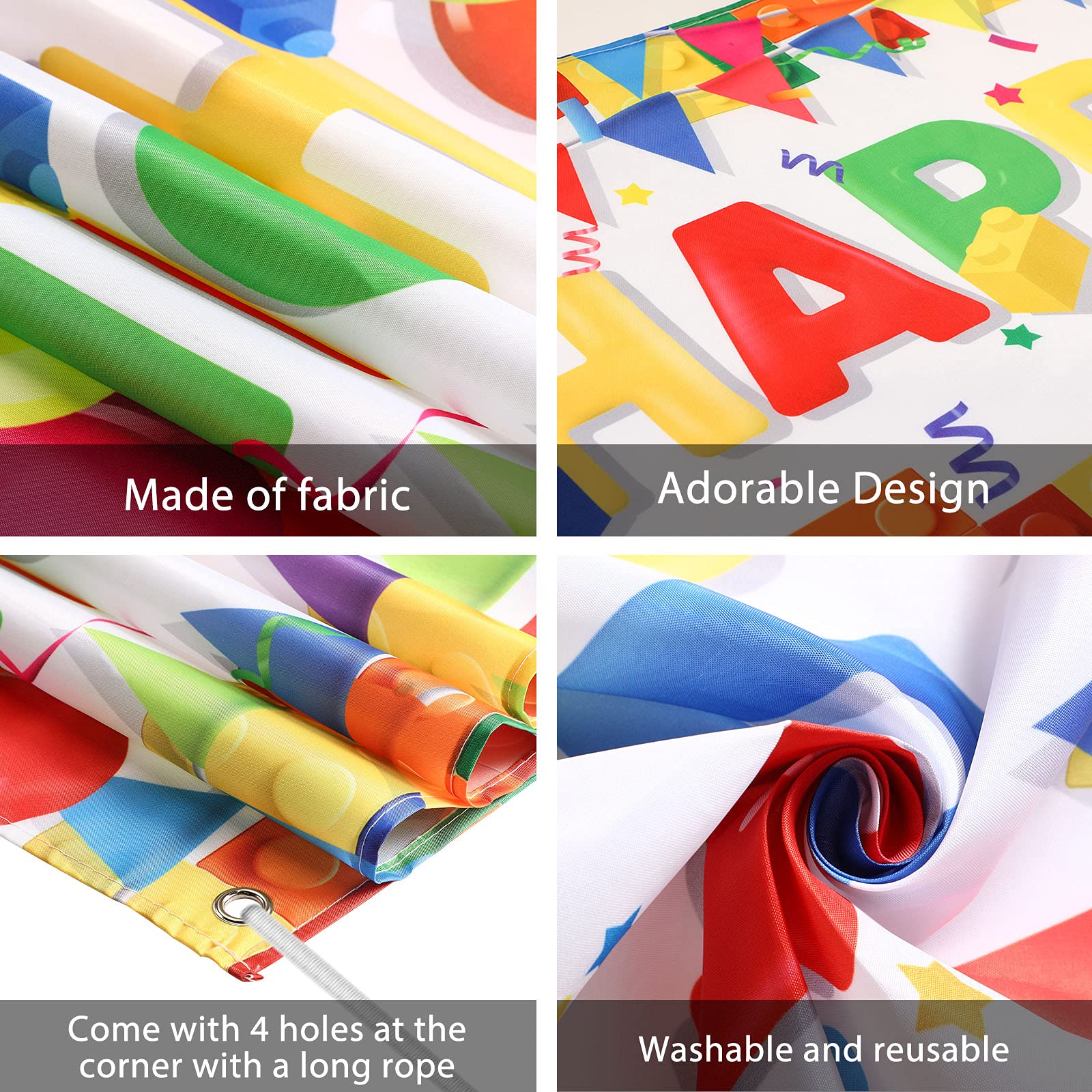 Irenare Building Block Birthday Banner Kit – 70x15 Inch Fabric Backdrop with 38 Colorful Balloons, Brick Theme Party Decor
