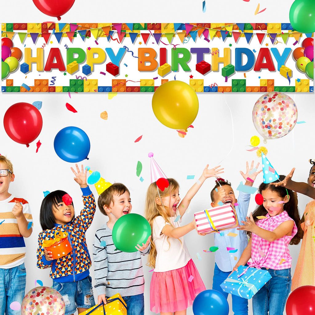 Irenare Building Block Birthday Banner Kit – 70x15 Inch Fabric Backdrop with 38 Colorful Balloons, Brick Theme Party Decor