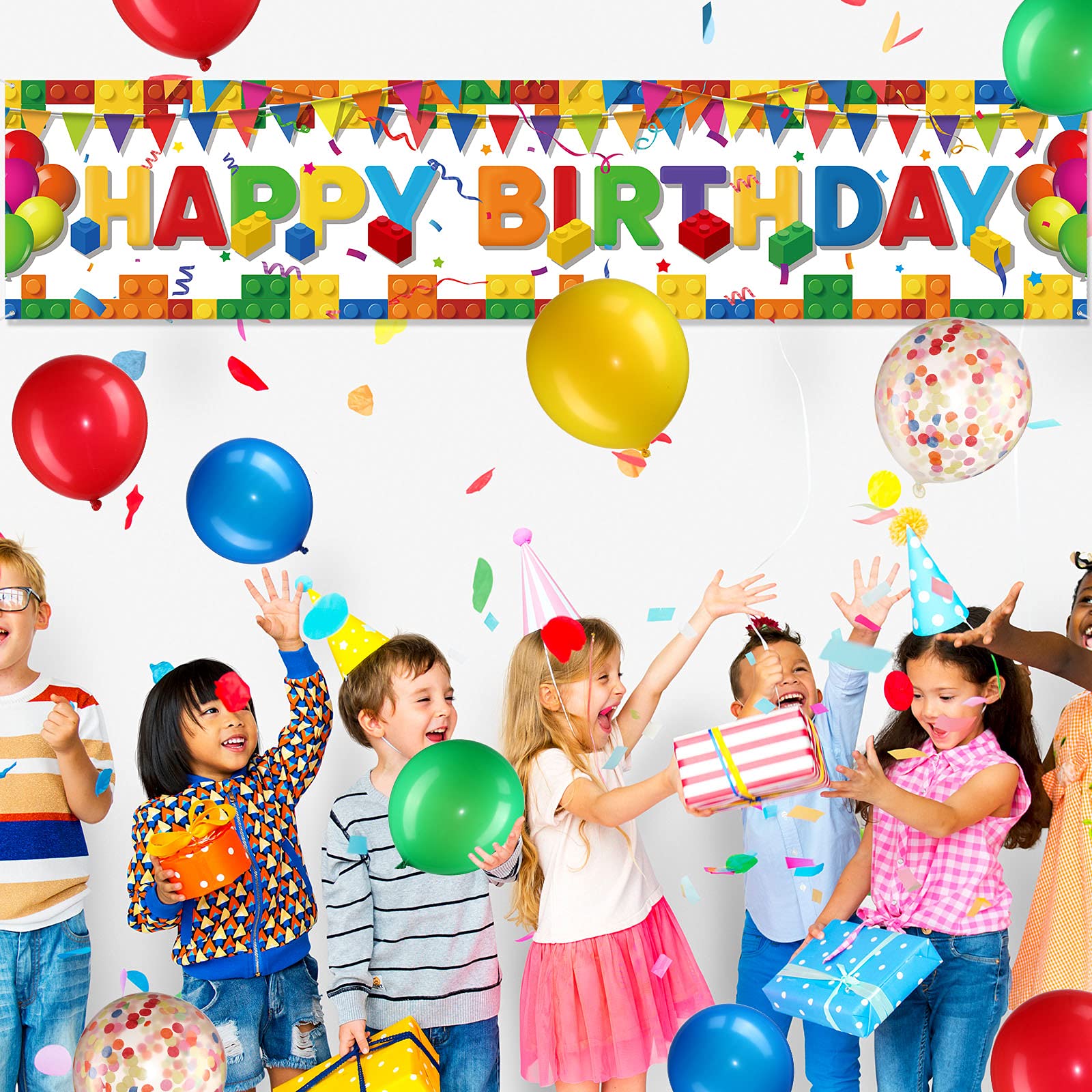 Irenare Building Block Birthday Banner Kit – 70x15 Inch Fabric Backdrop with 38 Colorful Balloons, Brick Theme Party Decor