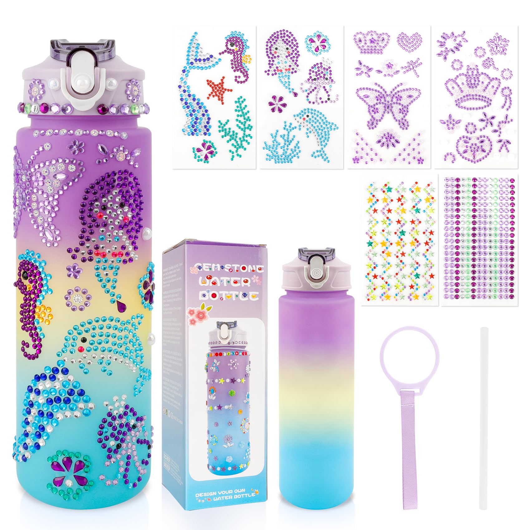 iRFKCIOW DIY Water Bottle Decorating Kit for Girls Ages 4-12 - 750ml with Gem Stickers, Lanyard, and Straw