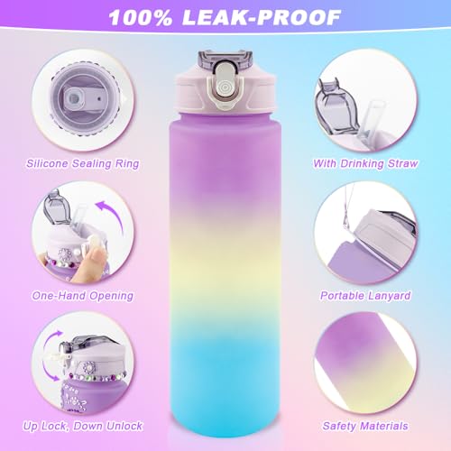 iRFKCIOW DIY Water Bottle Decorating Kit for Girls Ages 4-12 - 750ml with Gem Stickers, Lanyard, and Straw