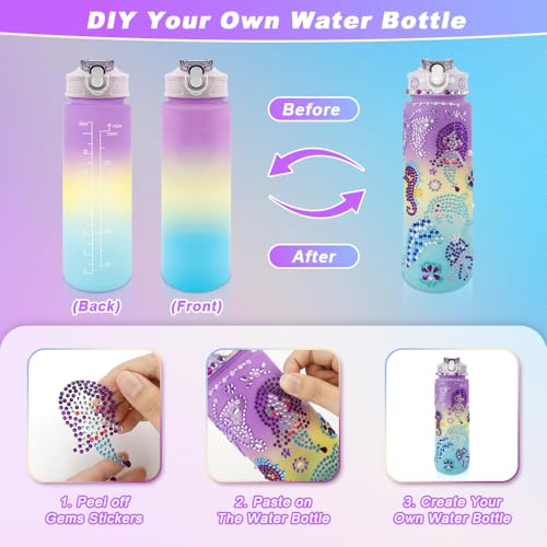 iRFKCIOW DIY Water Bottle Decorating Kit for Girls Ages 4-12 - 750ml with Gem Stickers, Lanyard, and Straw