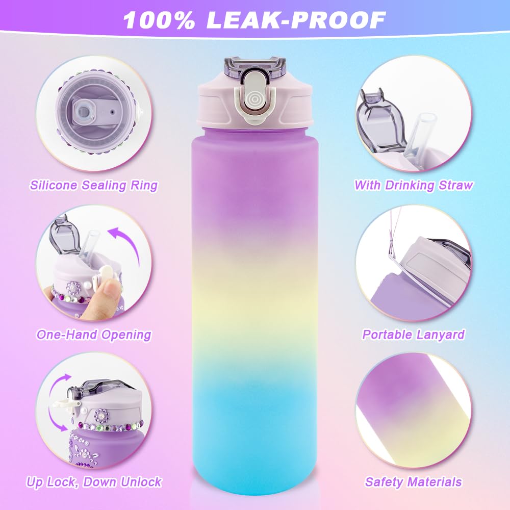 iRFKCIOW DIY Water Bottle Decorating Kit for Girls Ages 4-12 - 750ml with Gem Stickers, Lanyard, and Straw