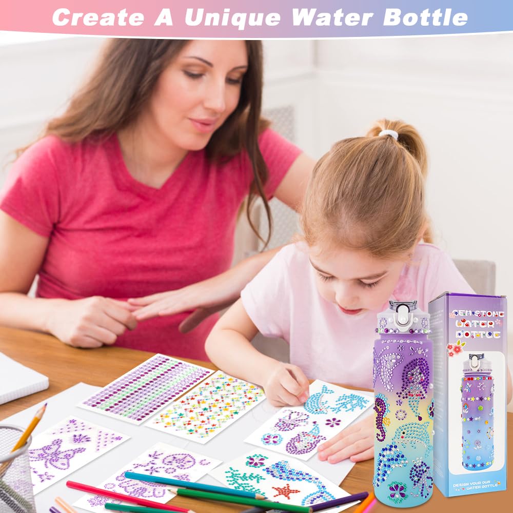 iRFKCIOW DIY Water Bottle Decorating Kit for Girls Ages 4-12 - 750ml with Gem Stickers, Lanyard, and Straw
