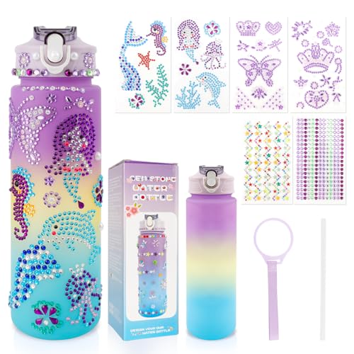 iRFKCIOW DIY Water Bottle Decorating Kit for Girls Ages 4-12 - 750ml with Gem Stickers, Lanyard, and Straw