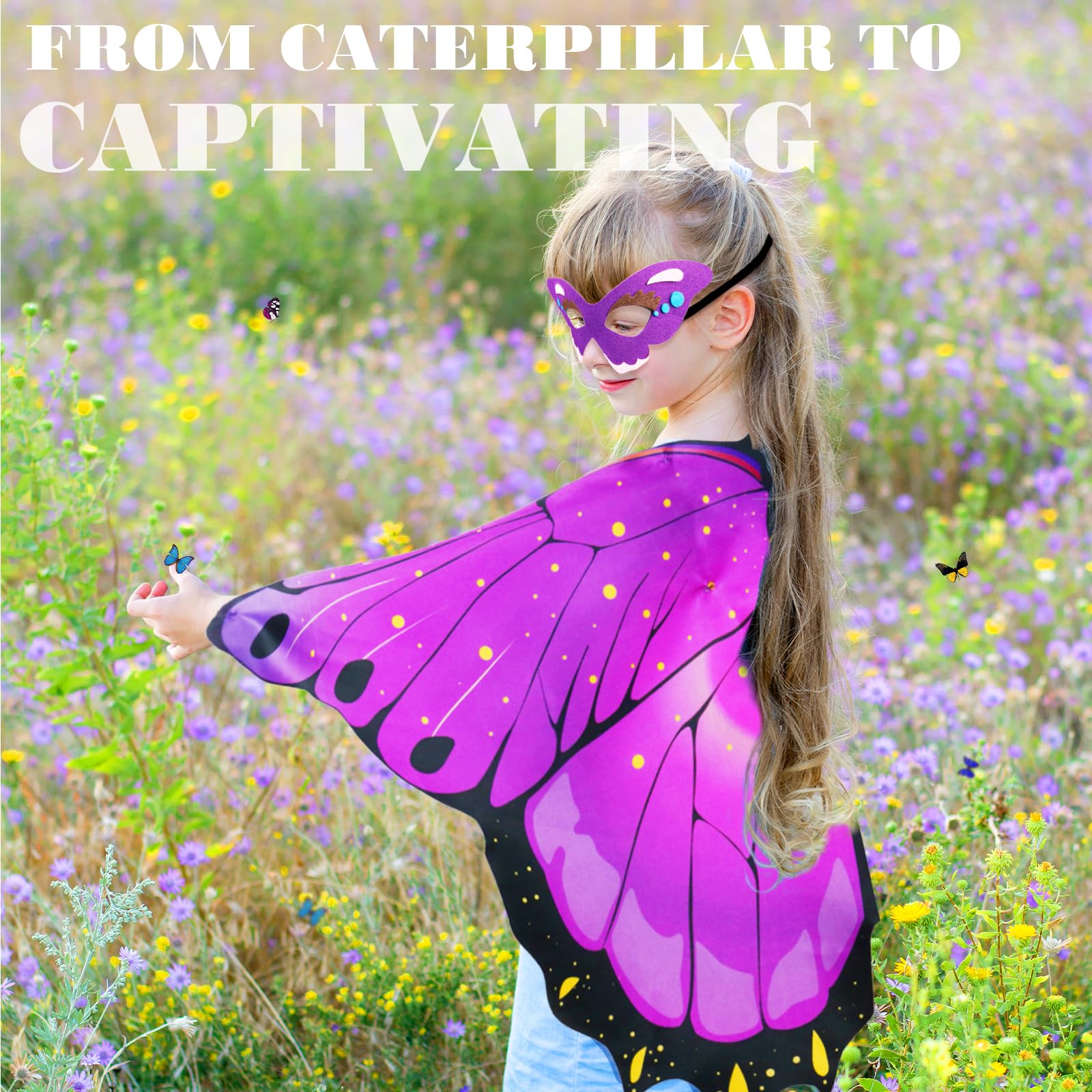 iROLEWIN Rainbow Fairy Butterfly Wings Costume Set for Toddlers & Kids – Includes Cape, Mask & Headband