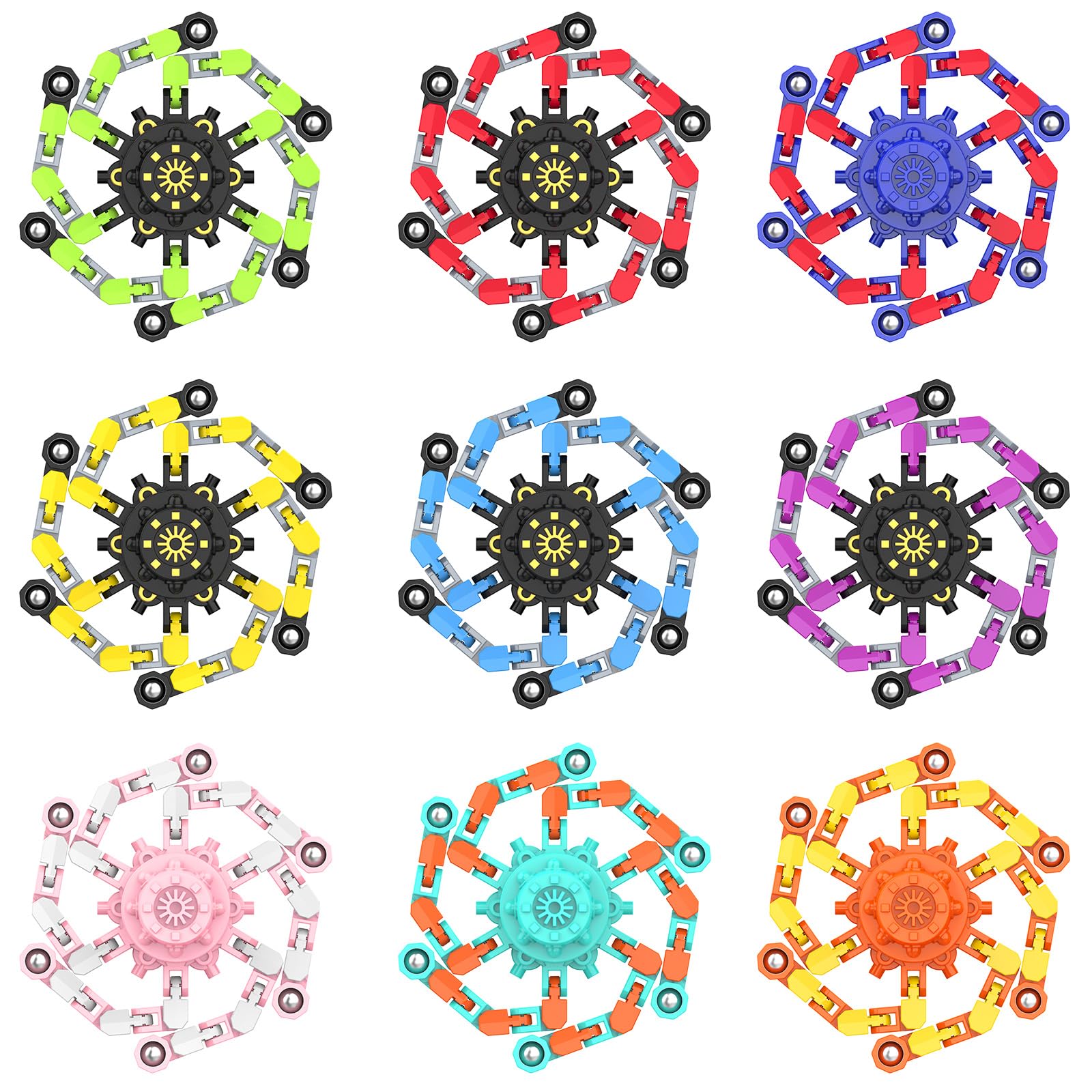 Irvotbes Transformable Fidget Spinners - 9 Pack Deformable Chain Stress Relief Toys for Kids and Adults