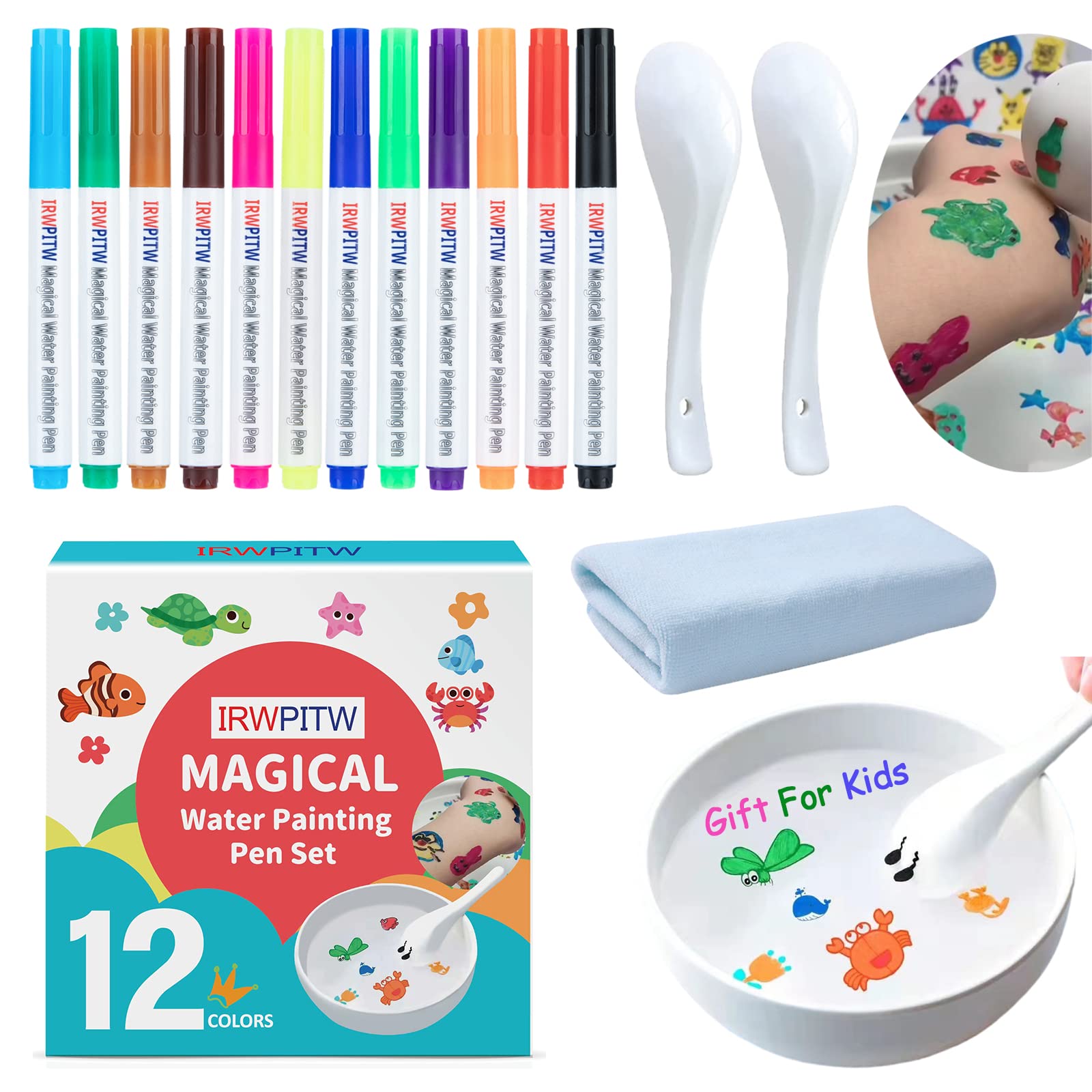IRWPITW Magic Drawing Pen Bundle: 12 Colors Floating Ink Water Pens with Spoons & Towel for Kids
