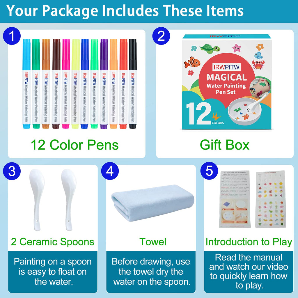 IRWPITW Magic Drawing Pen Bundle: 12 Colors Floating Ink Water Pens with Spoons & Towel for Kids