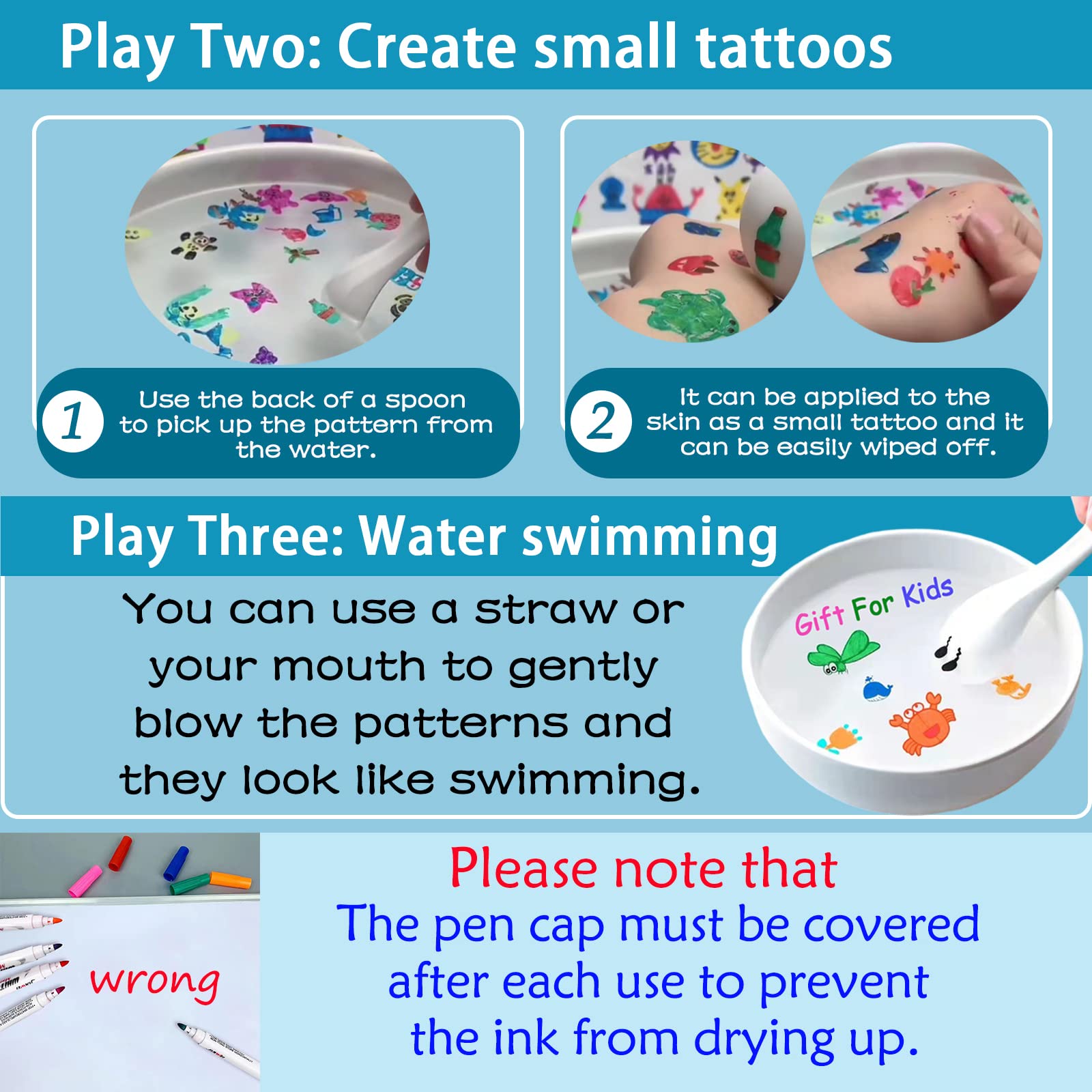 IRWPITW Magic Drawing Pen Bundle: 12 Colors Floating Ink Water Pens with Spoons & Towel for Kids