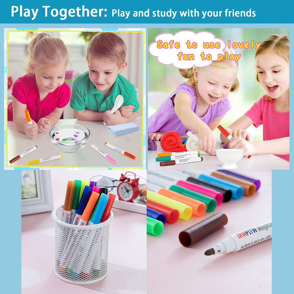 IRWPITW Magic Drawing Pen Bundle: 12 Colors Floating Ink Water Pens with Spoons & Towel for Kids