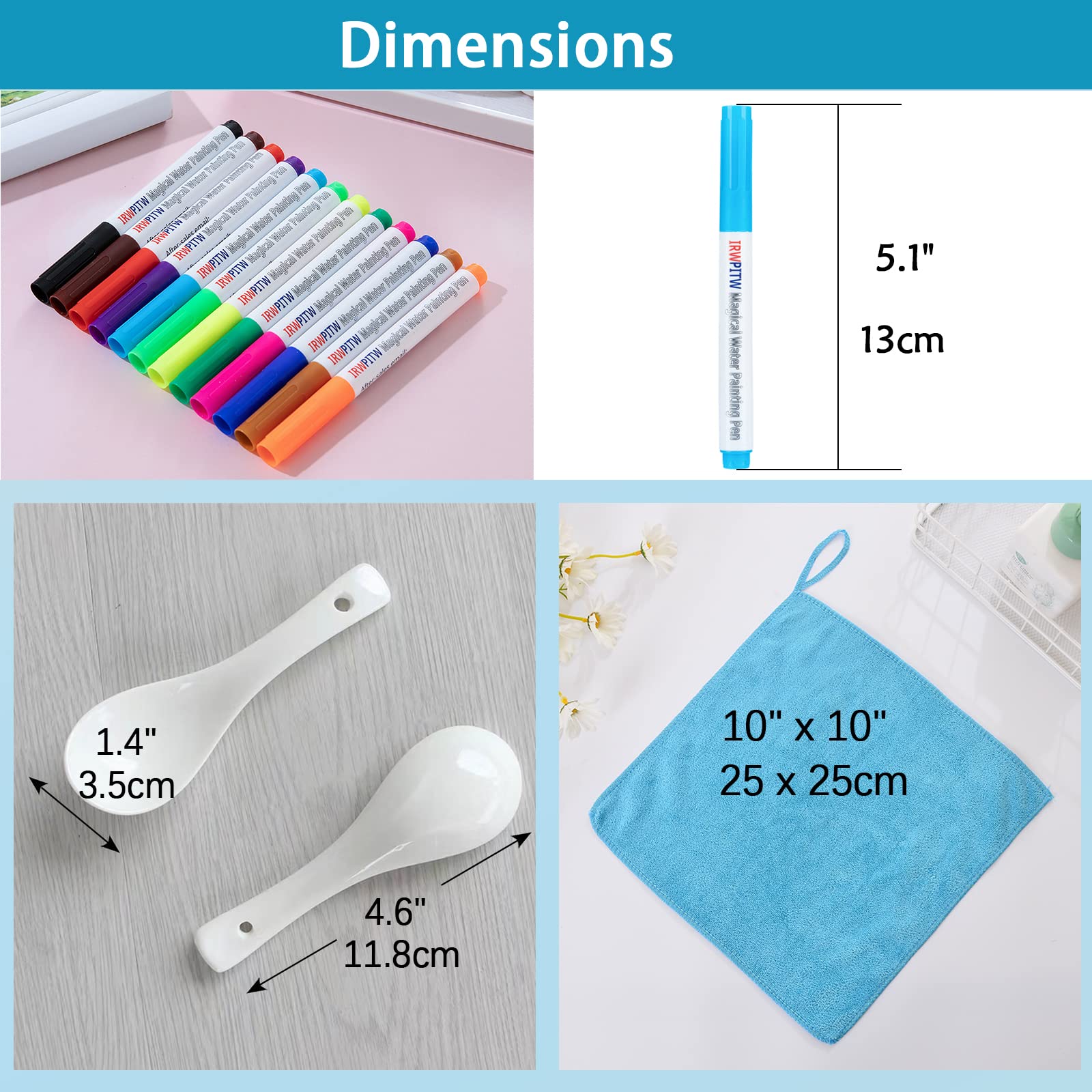 IRWPITW Magic Drawing Pen Bundle: 12 Colors Floating Ink Water Pens with Spoons & Towel for Kids