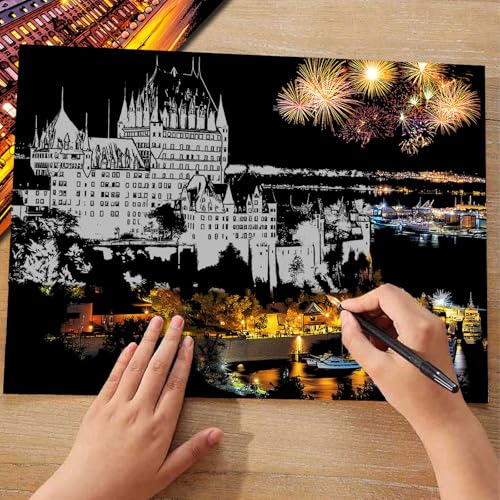 Iskueal Scratch Art for Adults – 8 A4 Cityscape Panels (Prague/Ottawa) with Tools