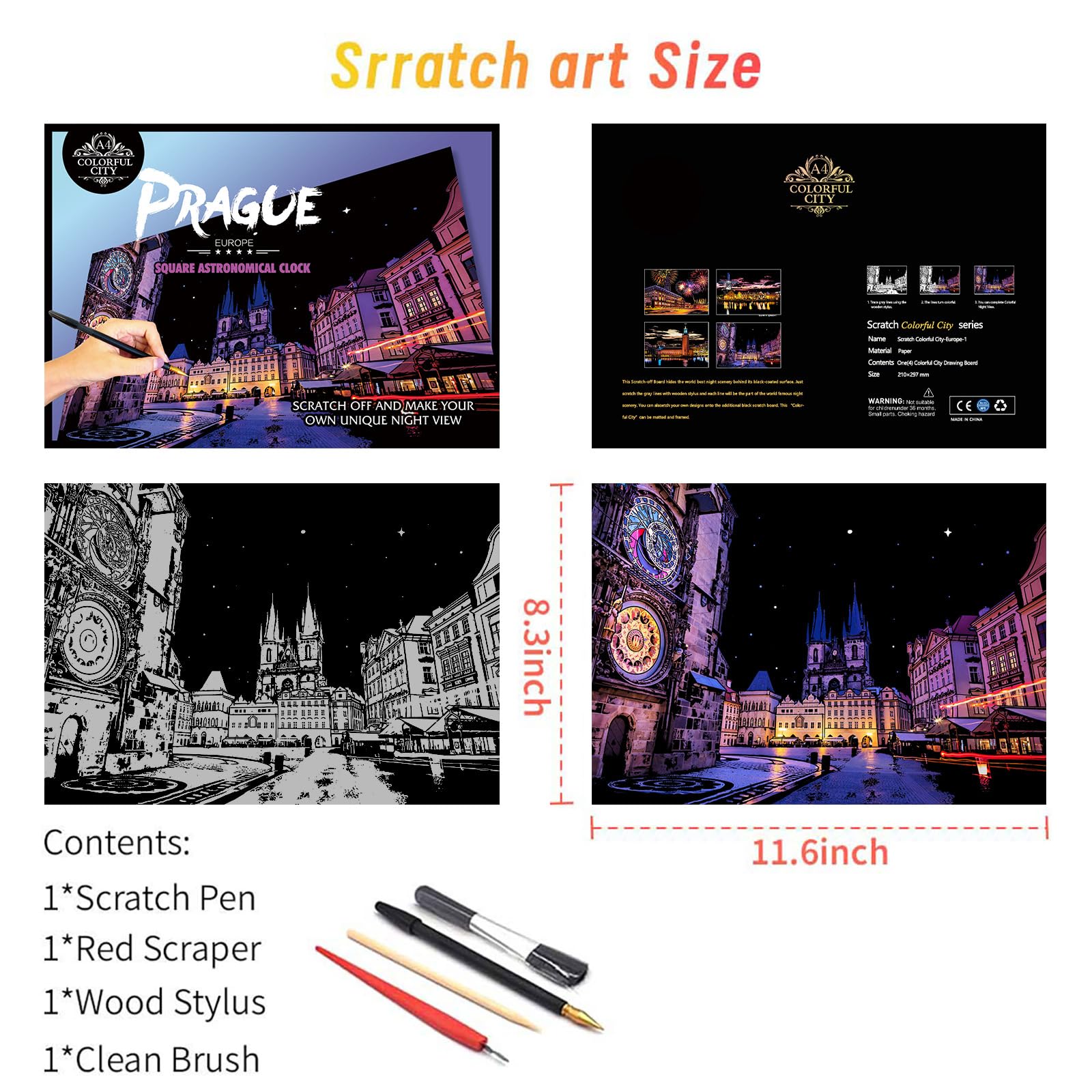 Iskueal Scratch Art for Adults – 8 A4 Cityscape Panels (Prague/Ottawa) with Tools