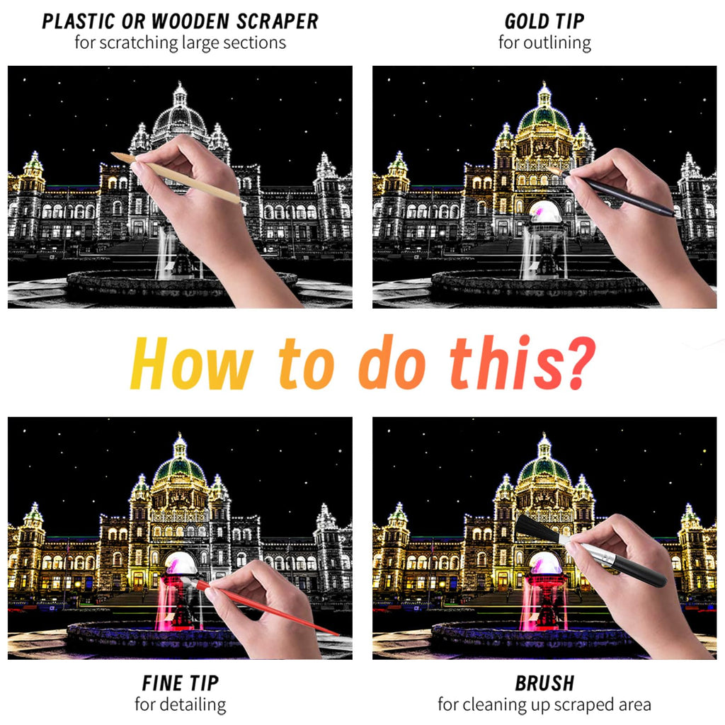 Iskueal Scratch Art for Adults – 8 A4 Cityscape Panels (Prague/Ottawa) with Tools
