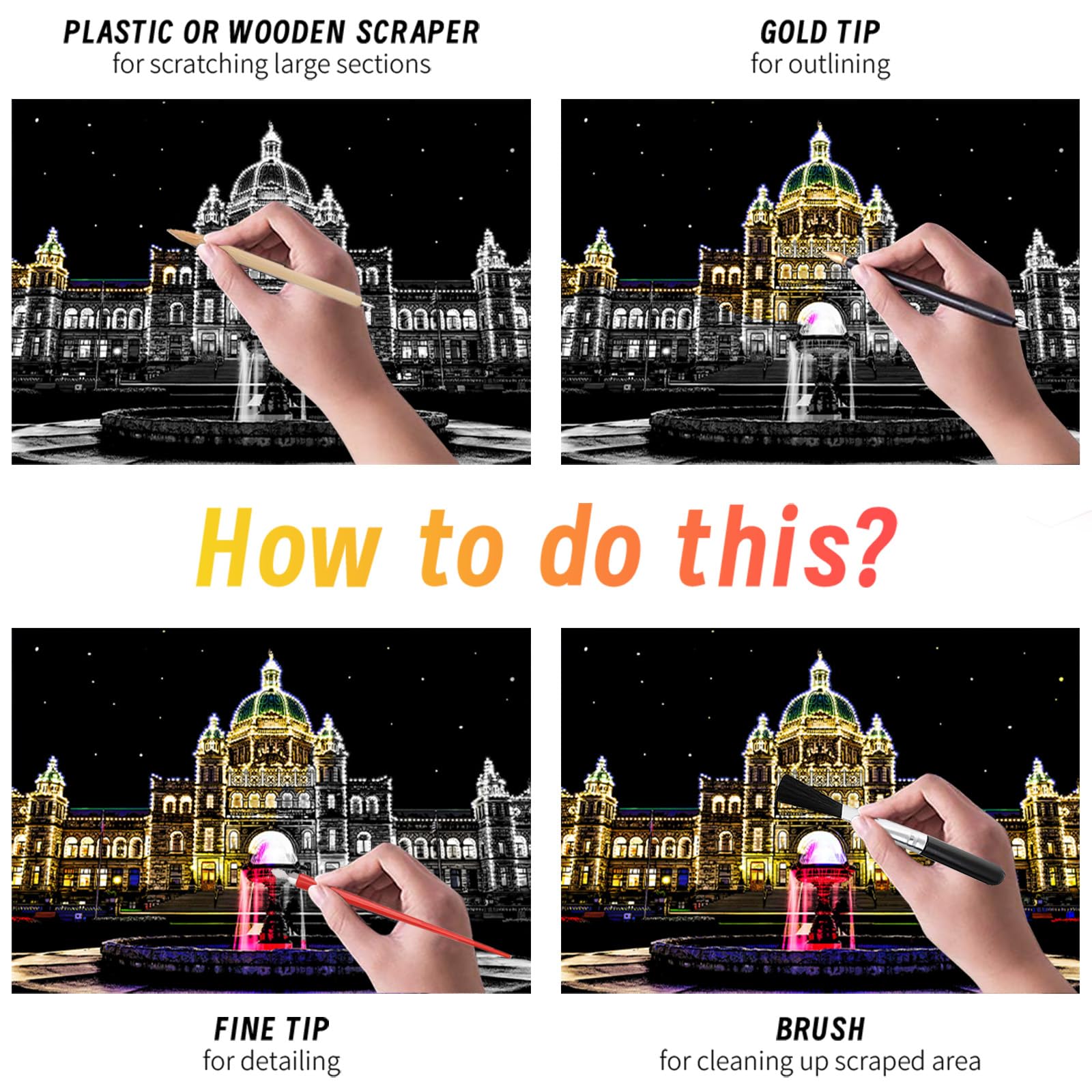 Iskueal Scratch Art for Adults – 8 A4 Cityscape Panels (Prague/Ottawa) with Tools