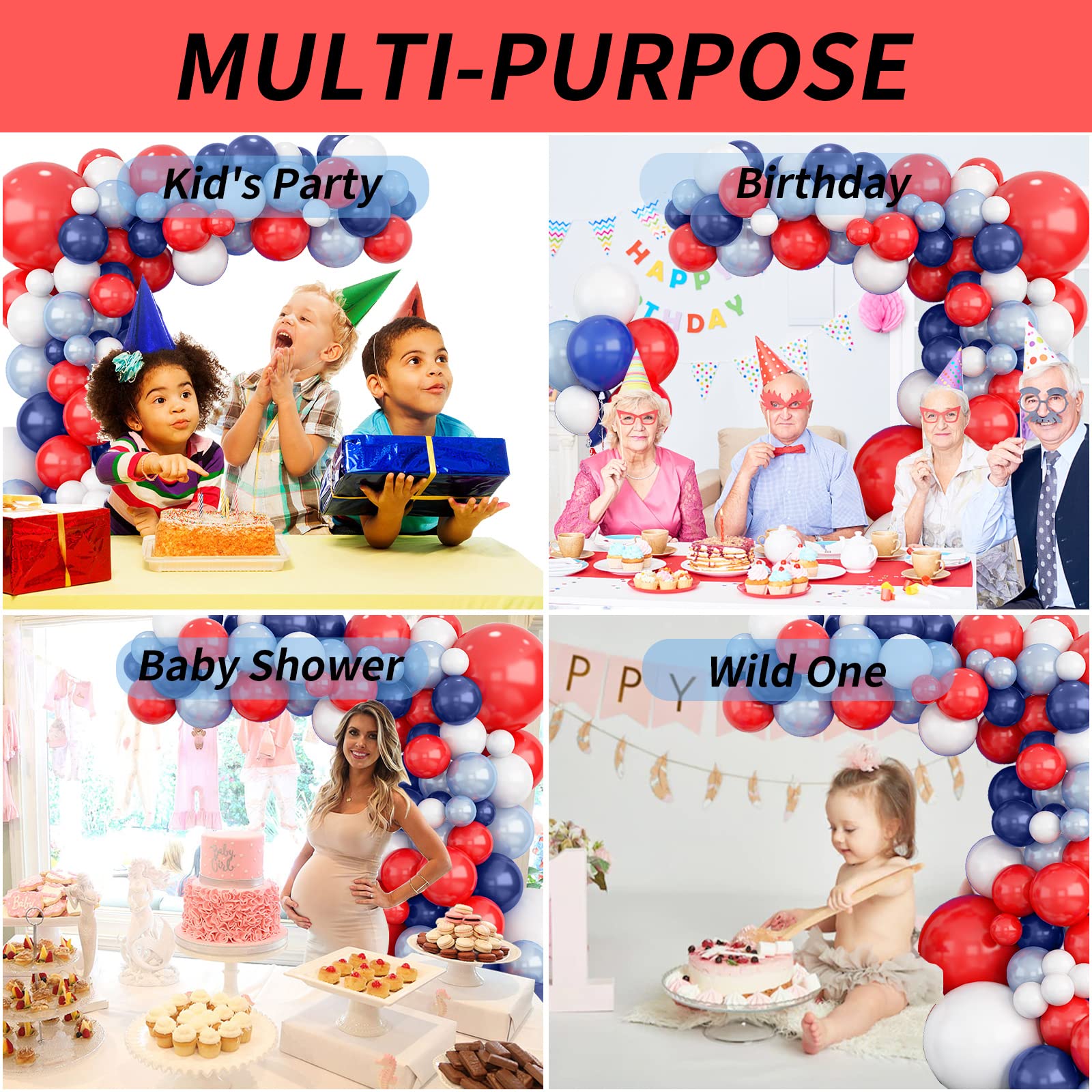 Isndare Red Blue White Balloon Arch Kit - 104 Latex Balloons with Strip & Glue for Baseball, Nautical, 4th of July Party Decor