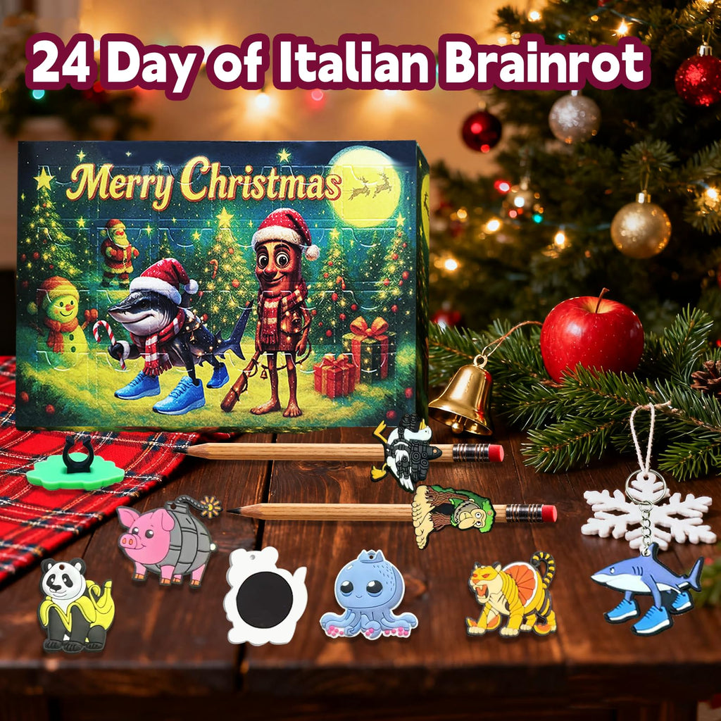 Italian Brainrot Advent Calendar 24 Days Countdown with Meme-Style Figurines – Pencil Toppers, Keychains & Magnets for Kids Ages 3+